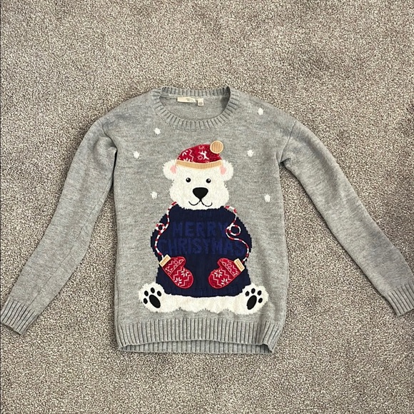Gray Crew Neck Sweater with Red Accents and Bear Design - Picture 1 of 2